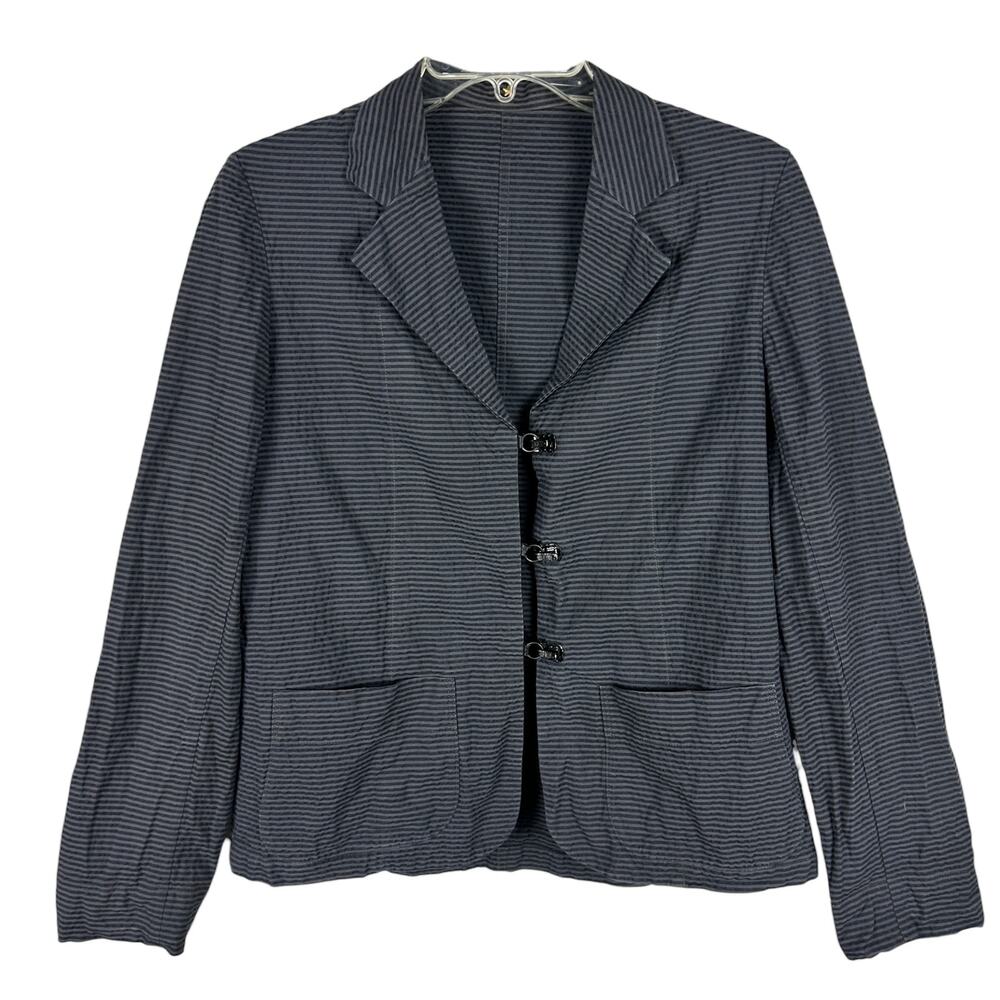 Peter Cohen Grey Black Striped Lagenlook Cotton Smock Pocket Clasp Front Blazer